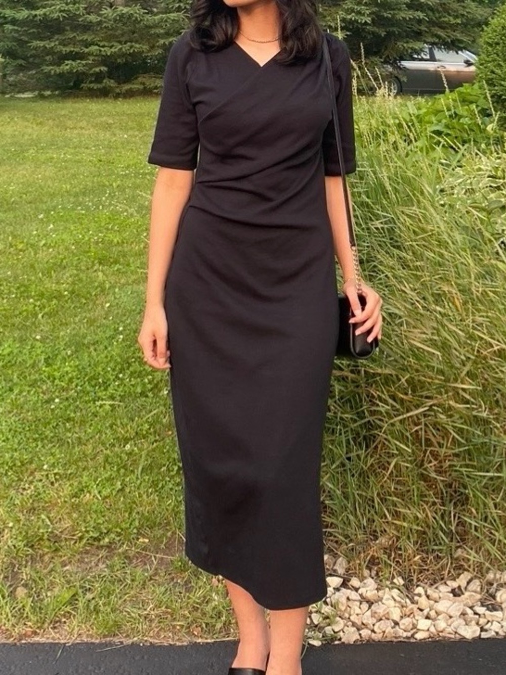 Zara Black Midi Dress with Draped Bodice
